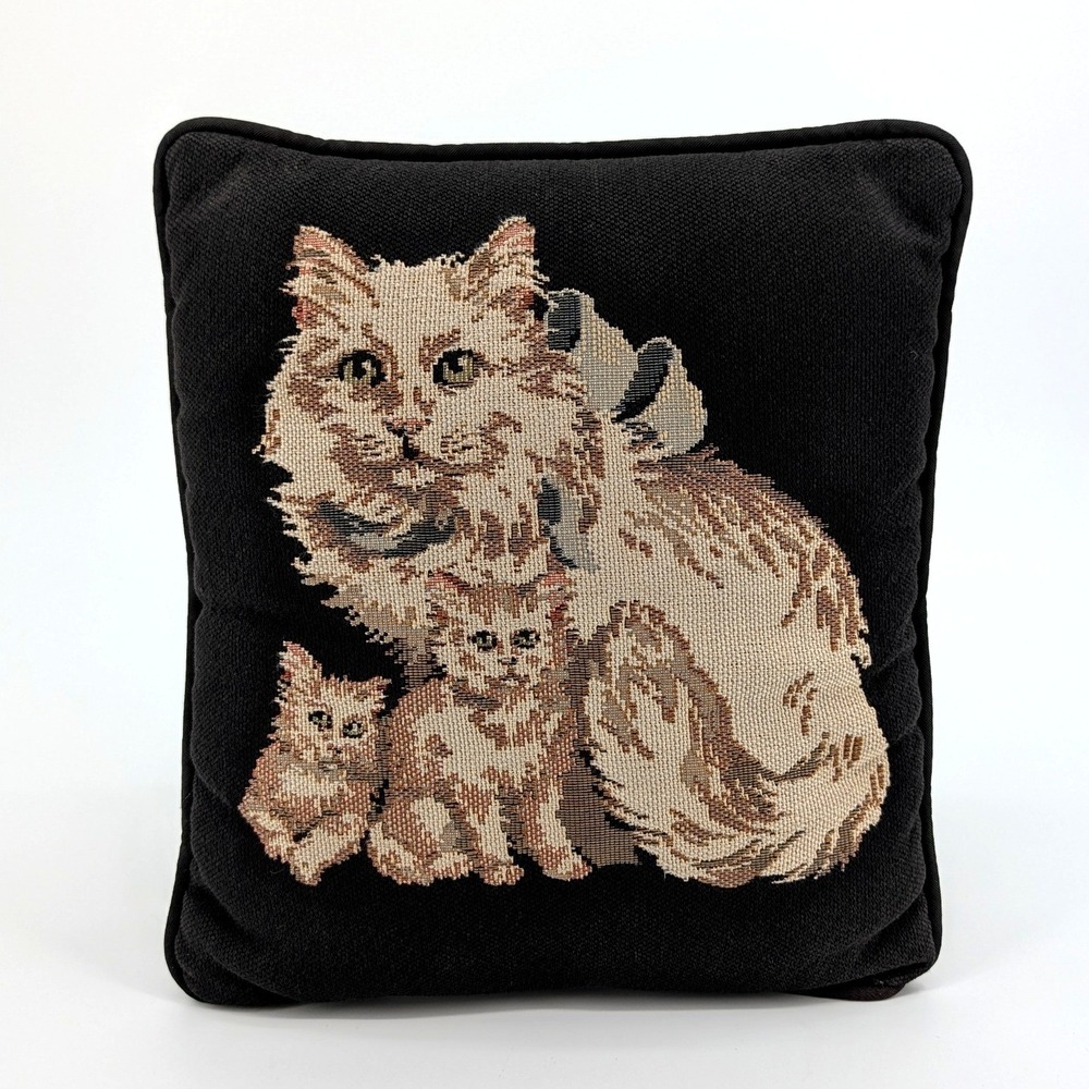 Vintage Woven Tapestry Cat and Kittens Throw Pillow Black Beige Square Accent